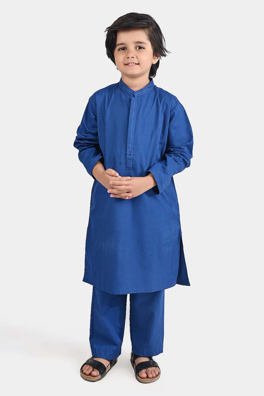 Boys Cotton Poplin Kurta Pajama (Collar Stud)-E.Blue
