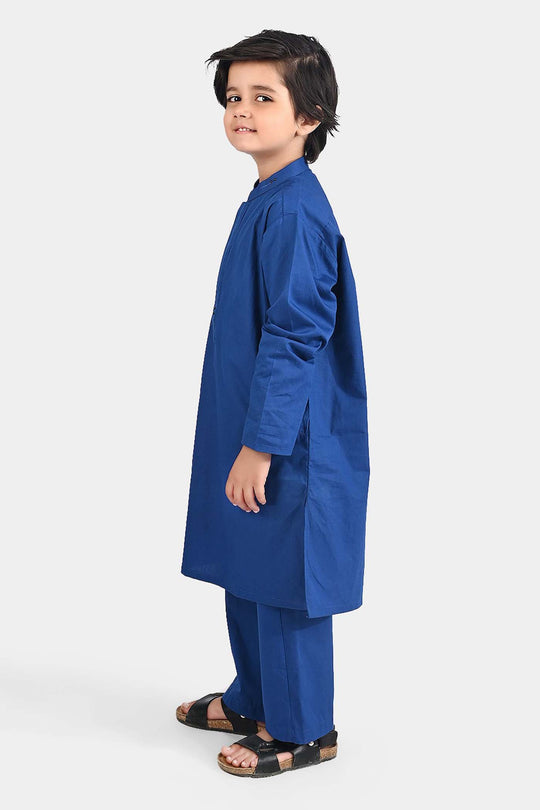 Boys Cotton Poplin Kurta Pajama (Collar Stud)-E.Blue