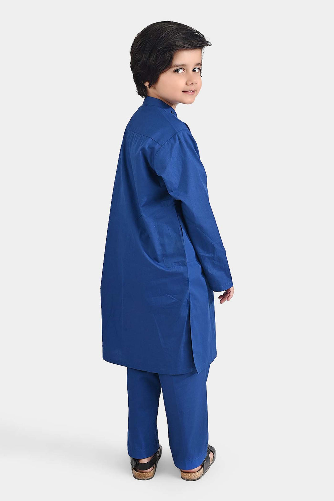 Boys Cotton Poplin Kurta Pajama (Collar Stud)-E.Blue