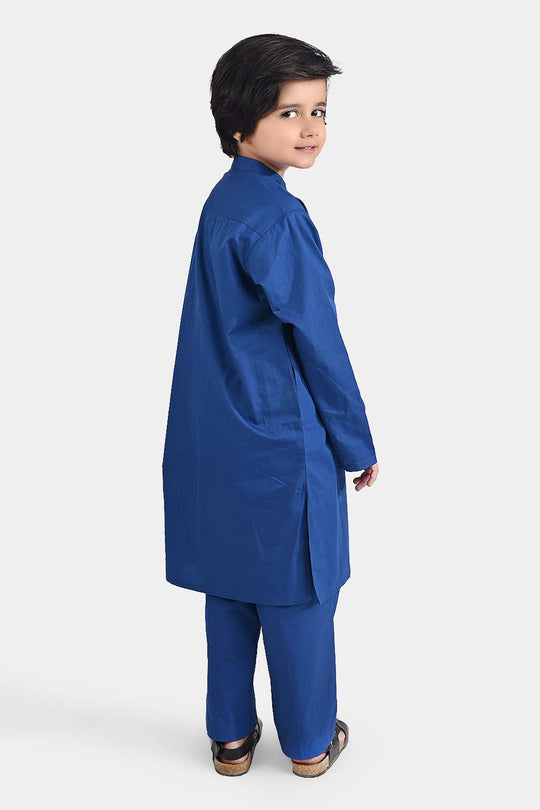 Boys Cotton Poplin Kurta Pajama (Collar Stud)-E.Blue