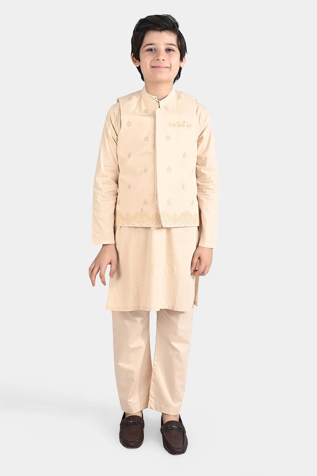 Boys Cotton Poplin 3 Piece Suit (Puff Print)-BEIGE