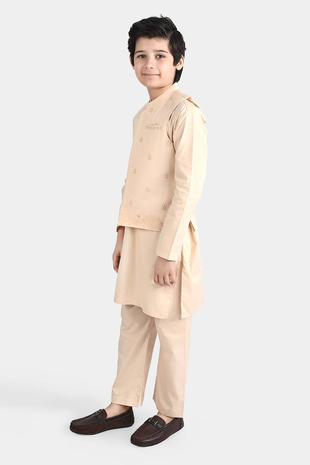 Boys Cotton Poplin 3 Piece Suit (Puff Print)-BEIGE