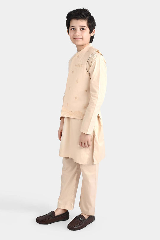 Boys Cotton Poplin 3 Piece Suit (Puff Print)-BEIGE