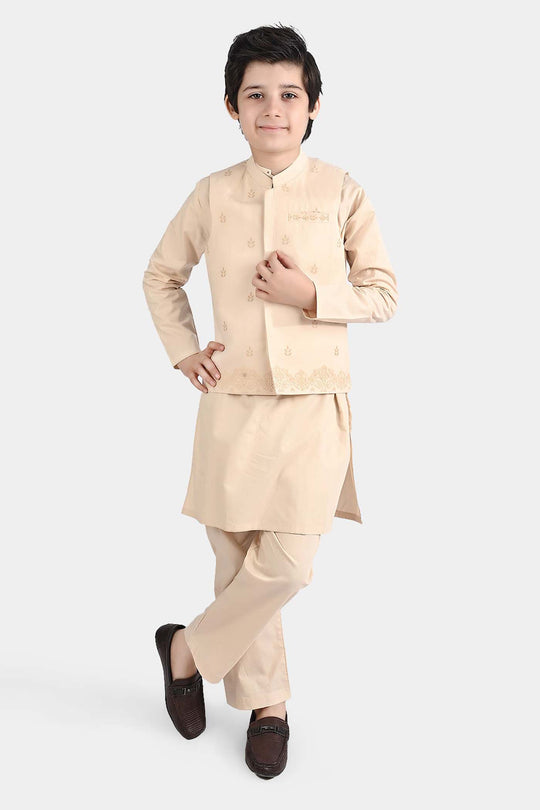 Boys Cotton Poplin 3 Piece Suit (Puff Print)-BEIGE