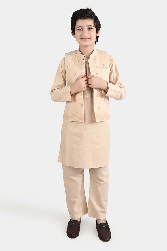 Boys Cotton Poplin 3 Piece Suit (Puff Print)-BEIGE