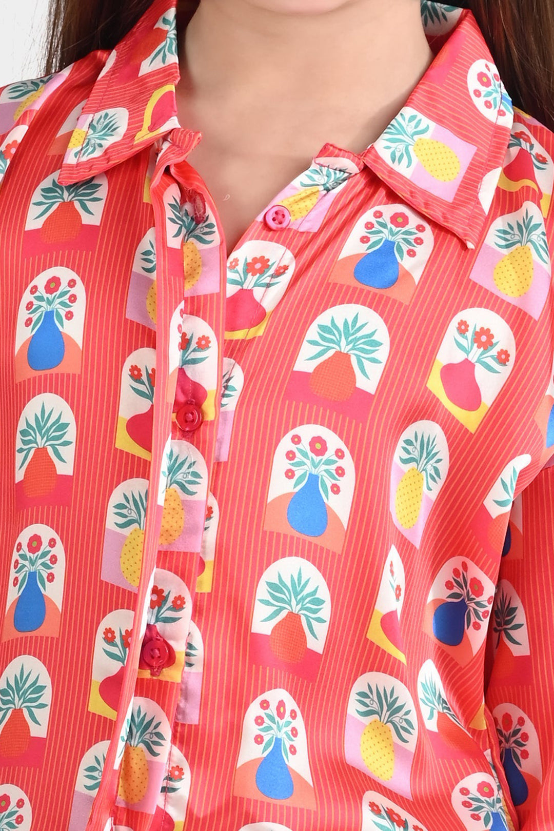 Girls poly cambric Casual Top Red Flora-RED