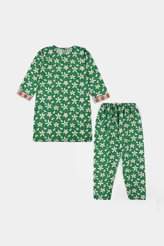 Girls Poly Net Printed 2Pcs Suit Desi Jasmine Ind-GREEN