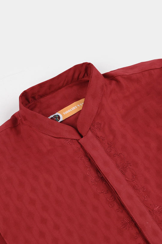 Boys Cotton Jacquard Kurta Pajama (Chin Boti) - Red