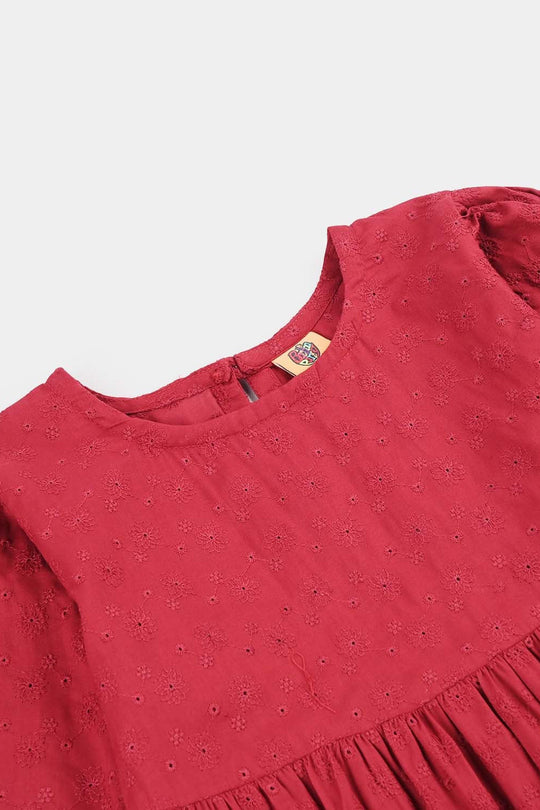 Girls Cotton Casual Frock Salsa- Red