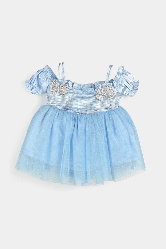Infant Girls Poly Satin Fancy Frock Smoked-LT.Blue