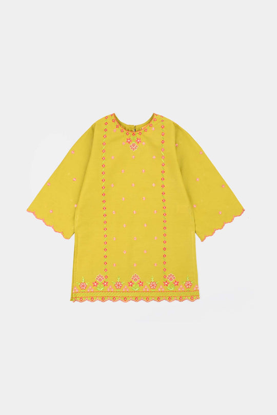 Girls Cotton Poplin Embroidered Kurti Dhani -Olive Green