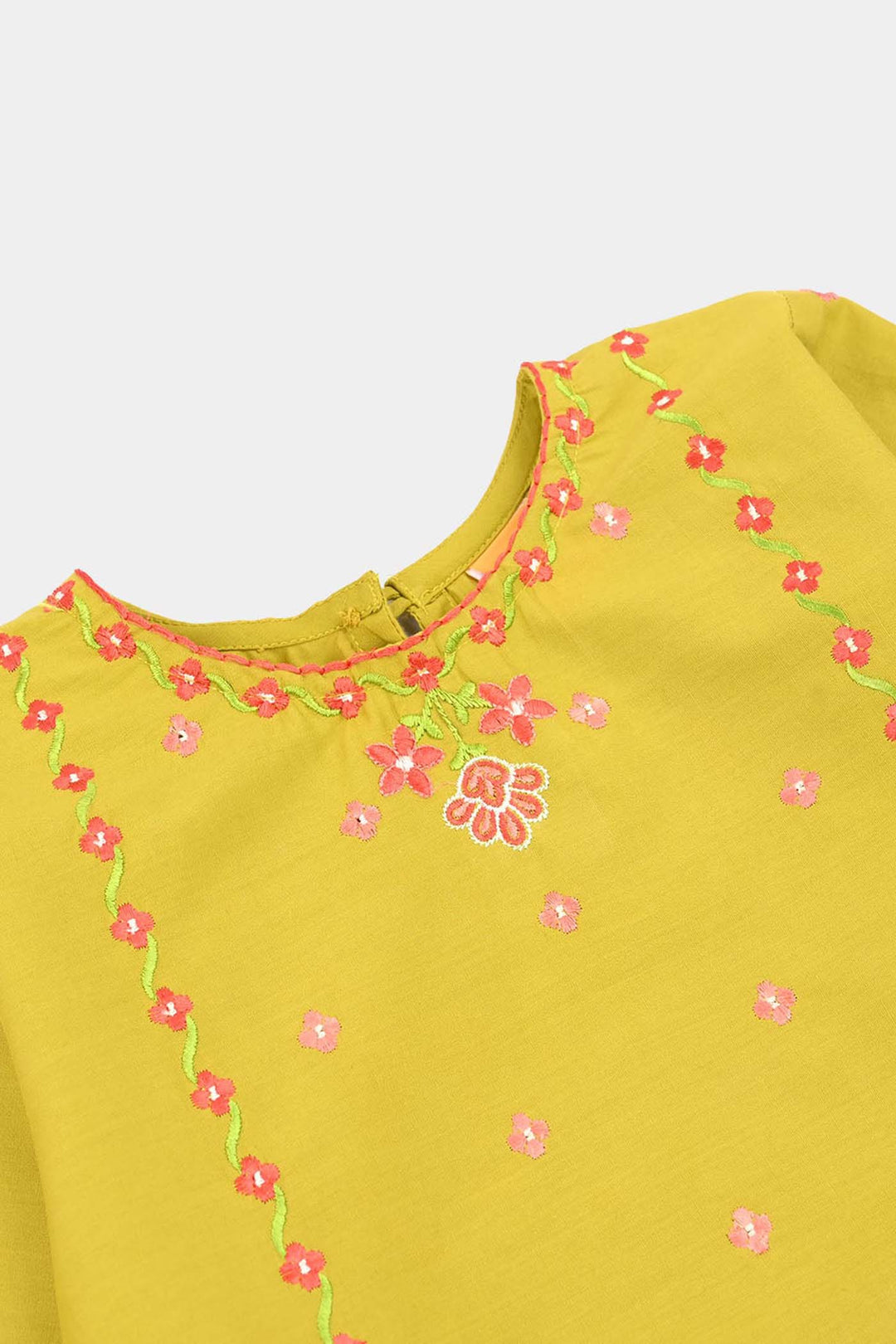 Girls Cotton Poplin Embroidered Kurti Dhani -Olive Green
