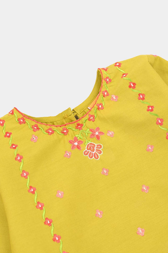 Girls Cotton Poplin Embroidered Kurti Dhani -Olive Green