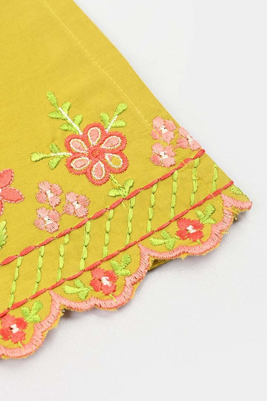 Girls Cotton Poplin Embroidered Kurti Dhani -Olive Green