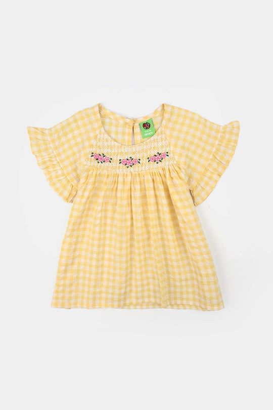 Infant Girls Poly Viscose Emb Frock Popcorn-Yellow