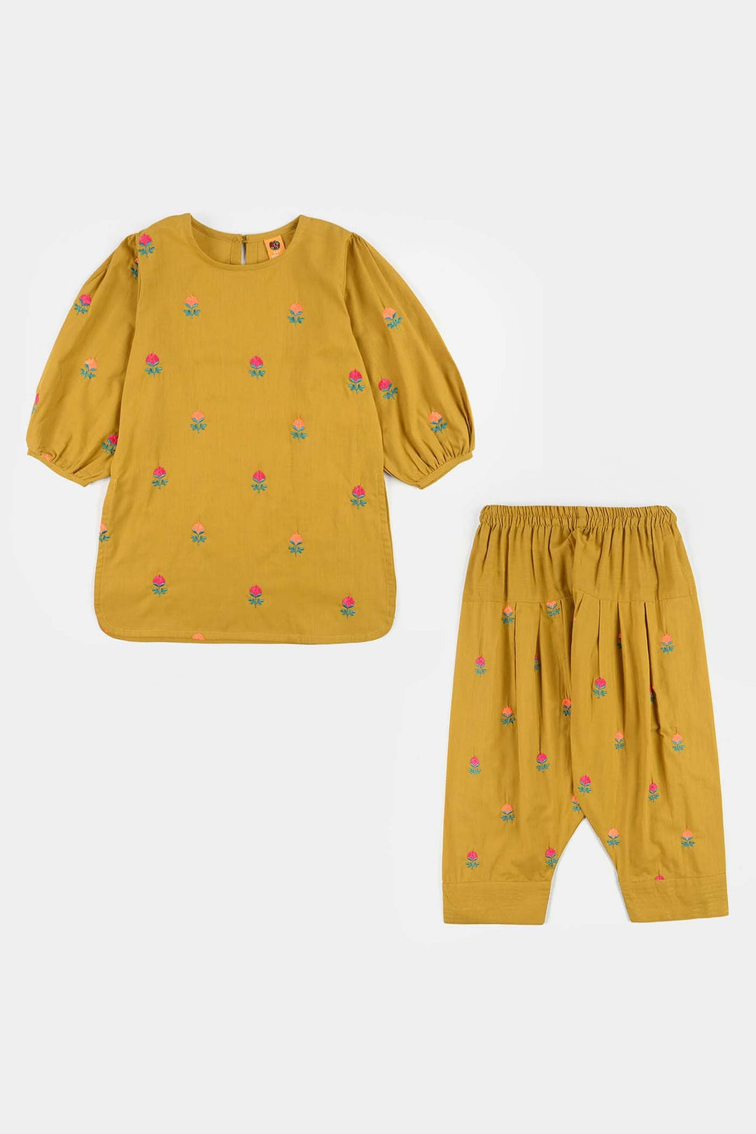 Girls Cotton Slub Embroidered 2-Piece Set (Sama) - Dhani Green