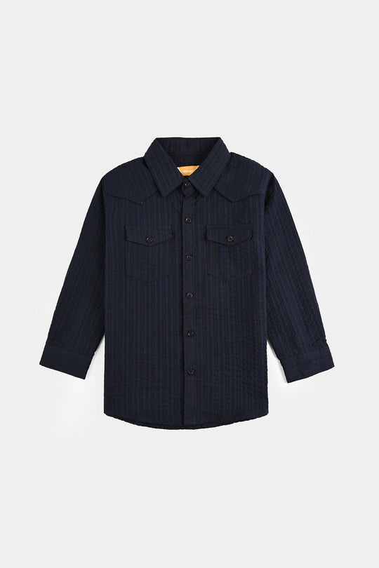 Boys Cotton Shirt F/S (Textured Stripe) - NAVY