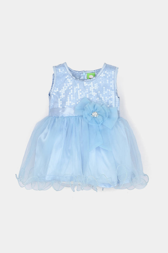 Infant Girls Net Fancy Frock-Snow Flake-Light.Blue