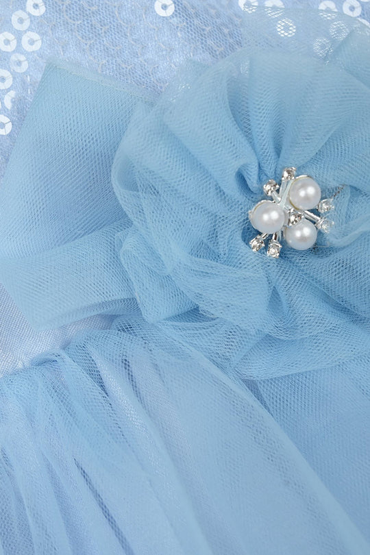 Infant Girls Net Fancy Frock-Snow Flake-Light.Blue