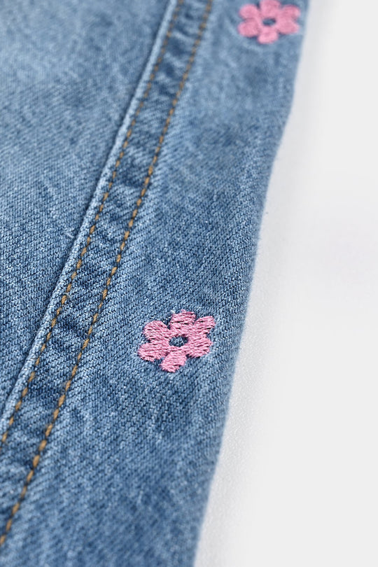 Girls Denim Stretch Pant Flower Emb - LIGHT BLUE