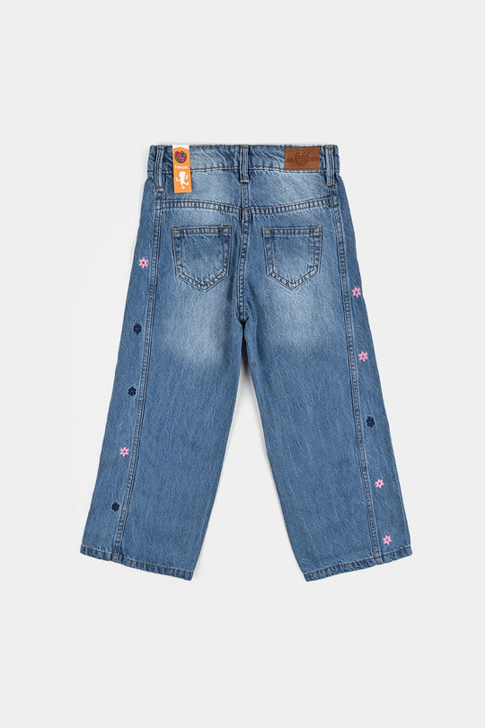 Girls Denim Stretch Pant Flower Emb - LIGHT BLUE