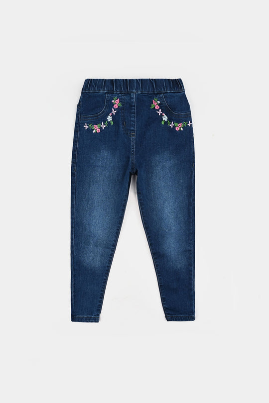 Girls Denim Stretch Jeggings Pocket Flower - Mid Blue