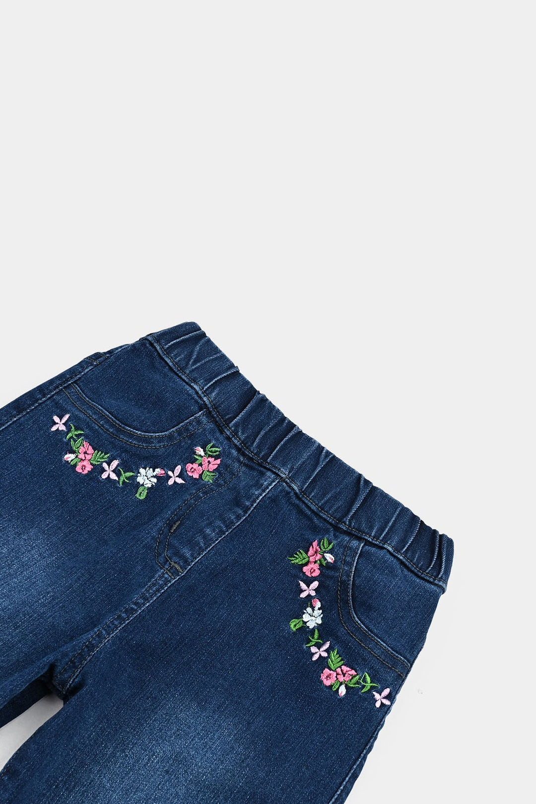 Girls Denim Stretch Jeggings Pocket Flower - Mid Blue