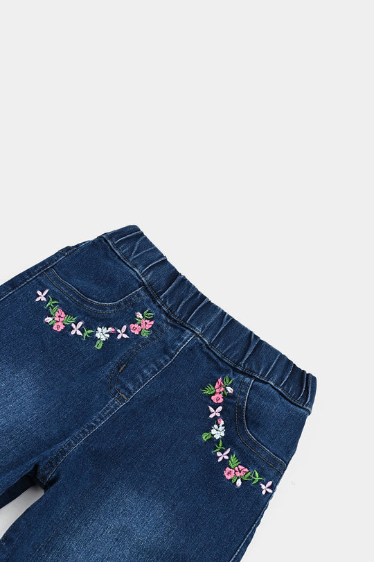 Girls Denim Stretch Jeggings Pocket Flower - Mid Blue