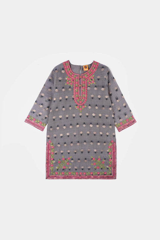 Girls Cotton Jacquard 3Piece Zari Zewar-GREY