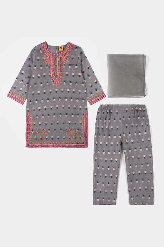 Girls Cotton Jacquard 3Piece Zari Zewar-GREY