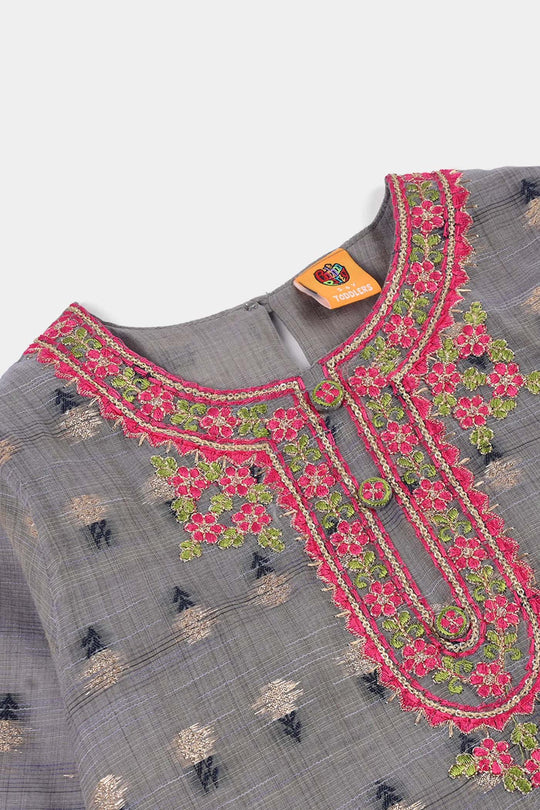 Girls Cotton Jacquard 3Piece Zari Zewar-GREY