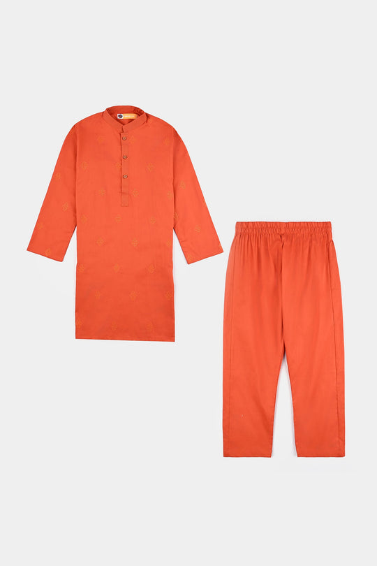Boys Cotton Poplin Kurta Pajama Suit (Tone On Tone)-Citrus