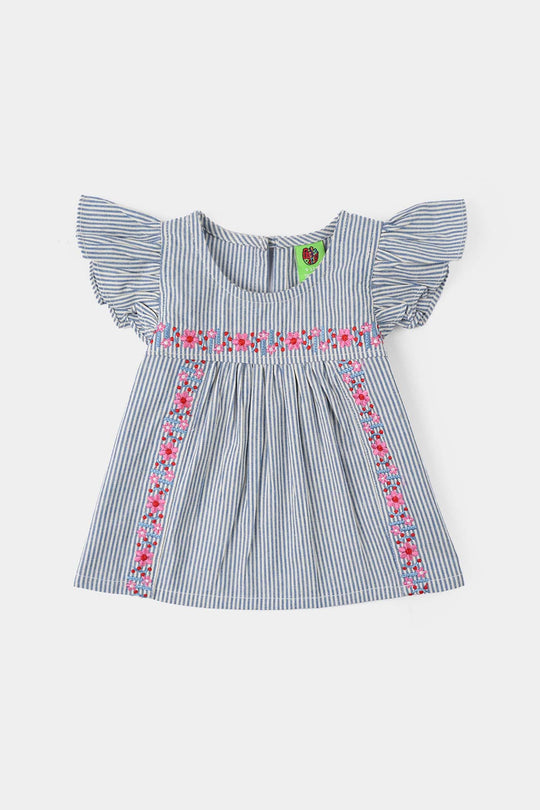Infant Girls Poly Cotton Emb Top Tiny Flower-Blue