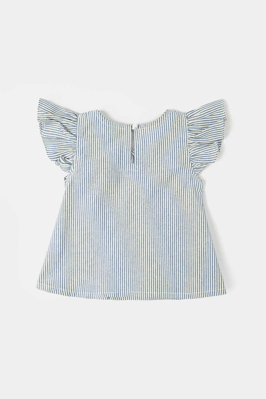 Infant Girls Poly Cotton Emb Top Tiny Flower-Blue