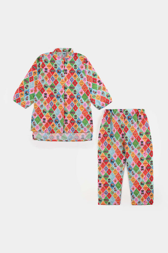 Girls Poly Net Printed 2Pcs RikShaw-Multi