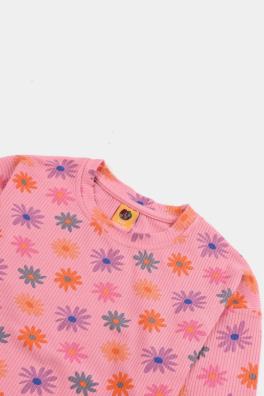 Girls 2x1 Rib T-Shirt F/S MULTI FLOWER - Pink