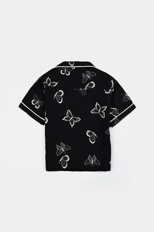 Infant Girls Viscose Night Suit-Butterfly - BLACK