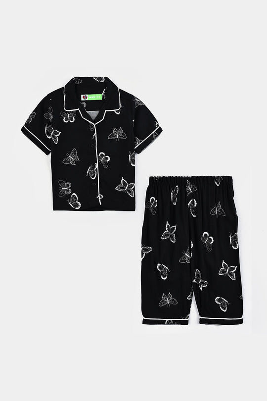 Infant Girls Viscose Night Suit-Butterfly - BLACK