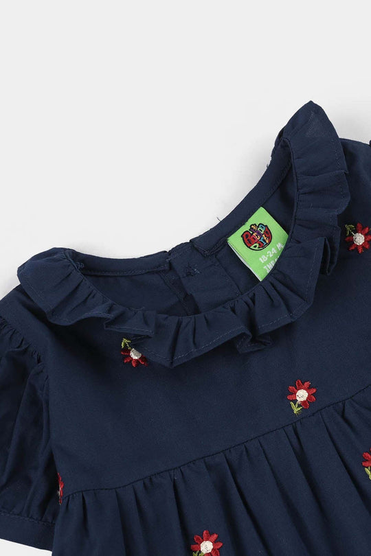 Infant Girls Cotton Embroidered Top (Blue Birds) - Navy Blue