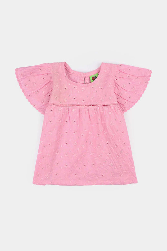 Infant Girls Cotton Emb Top Pink-Lilac