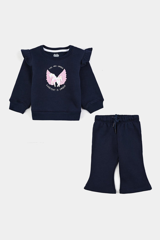 Infant Girls Fleece 2 Piece Suit-NAVY