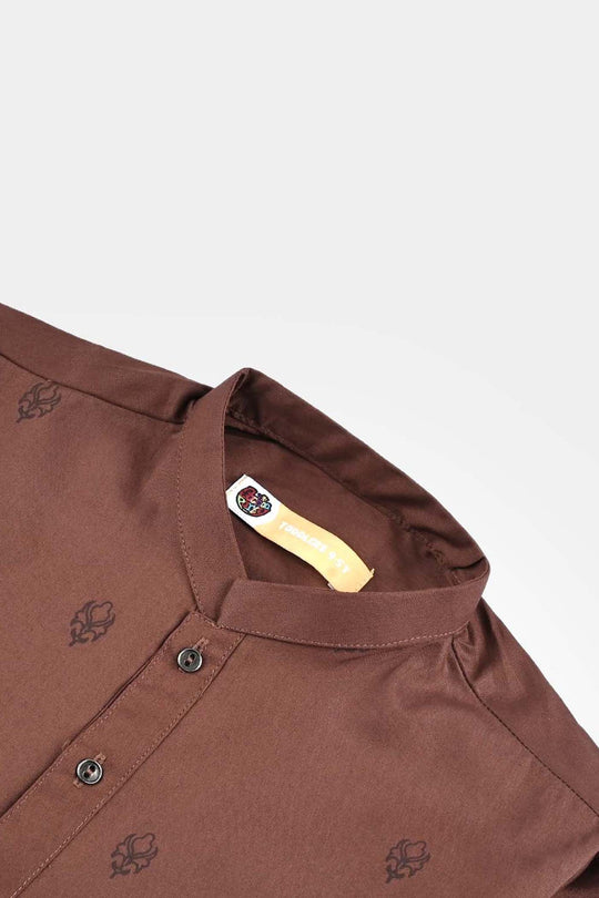 Boys Cotton Poplin Printed Kurta (Fudge Sickle)-BROWN