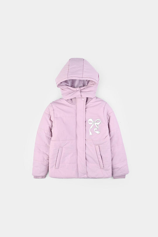 Girls Quilted Hooded Jacket F/S Bow - PURPLE