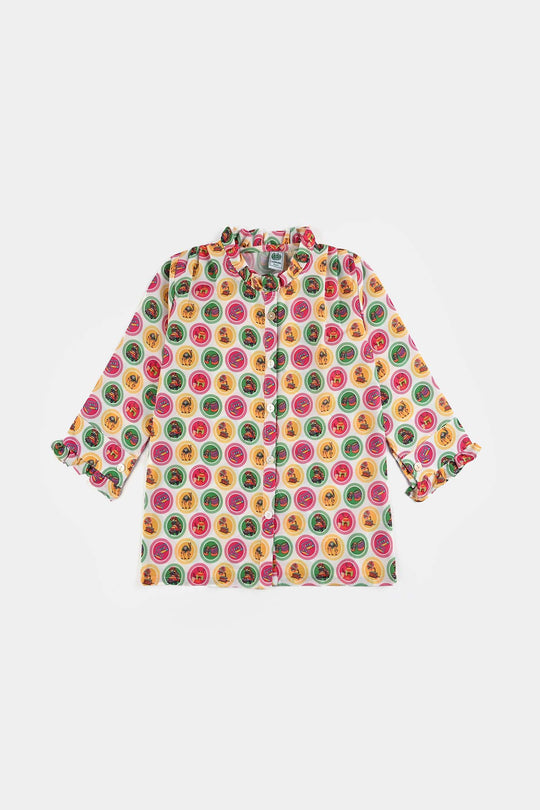 Girls Poly Net Casual Top Chai Biscuit -Multi