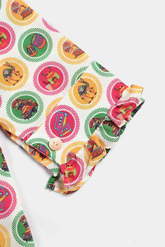 Girls Poly Net Casual Top Chai Biscuit -Multi