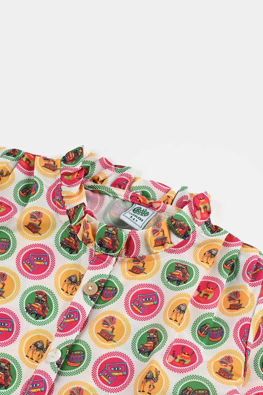 Girls Poly Net Casual Top Chai Biscuit -Multi