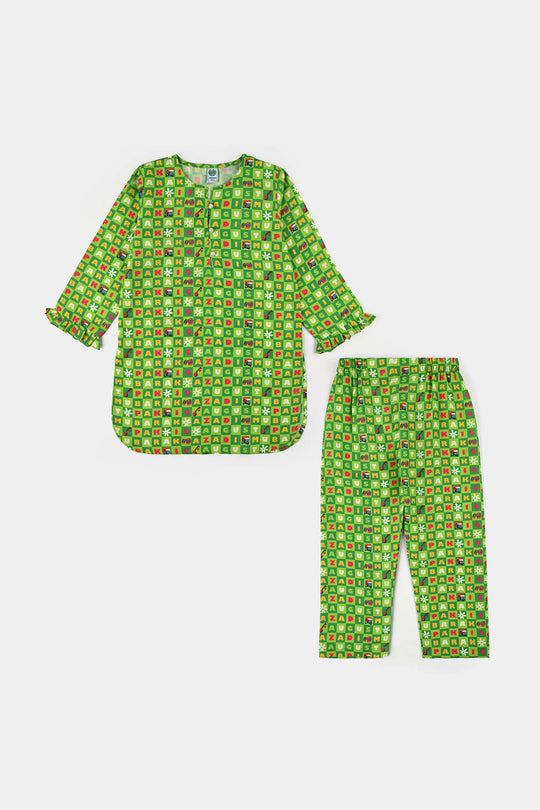 Girls Poly Net Printed 2Pcs Suit 14 August Ind-L.Green