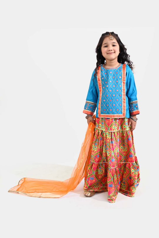 Girls Raw Silk 3Pcs Khayyal-Teal blue