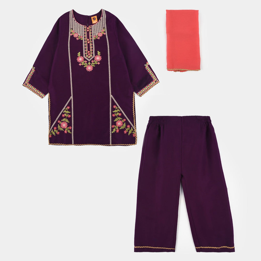 Girls Poly Cambric 3-Piece Set (Rang Saaz) - Purple