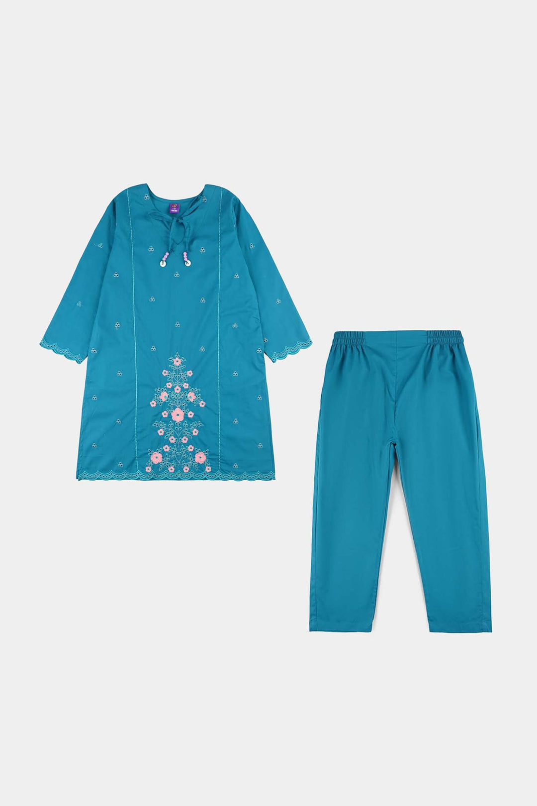 Girls Cotton Embroidery 2Pcs (Safa) - Turquoise